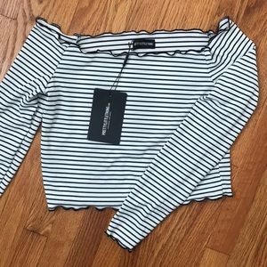 PrettyLittleThing stripe frill edge Bardot top